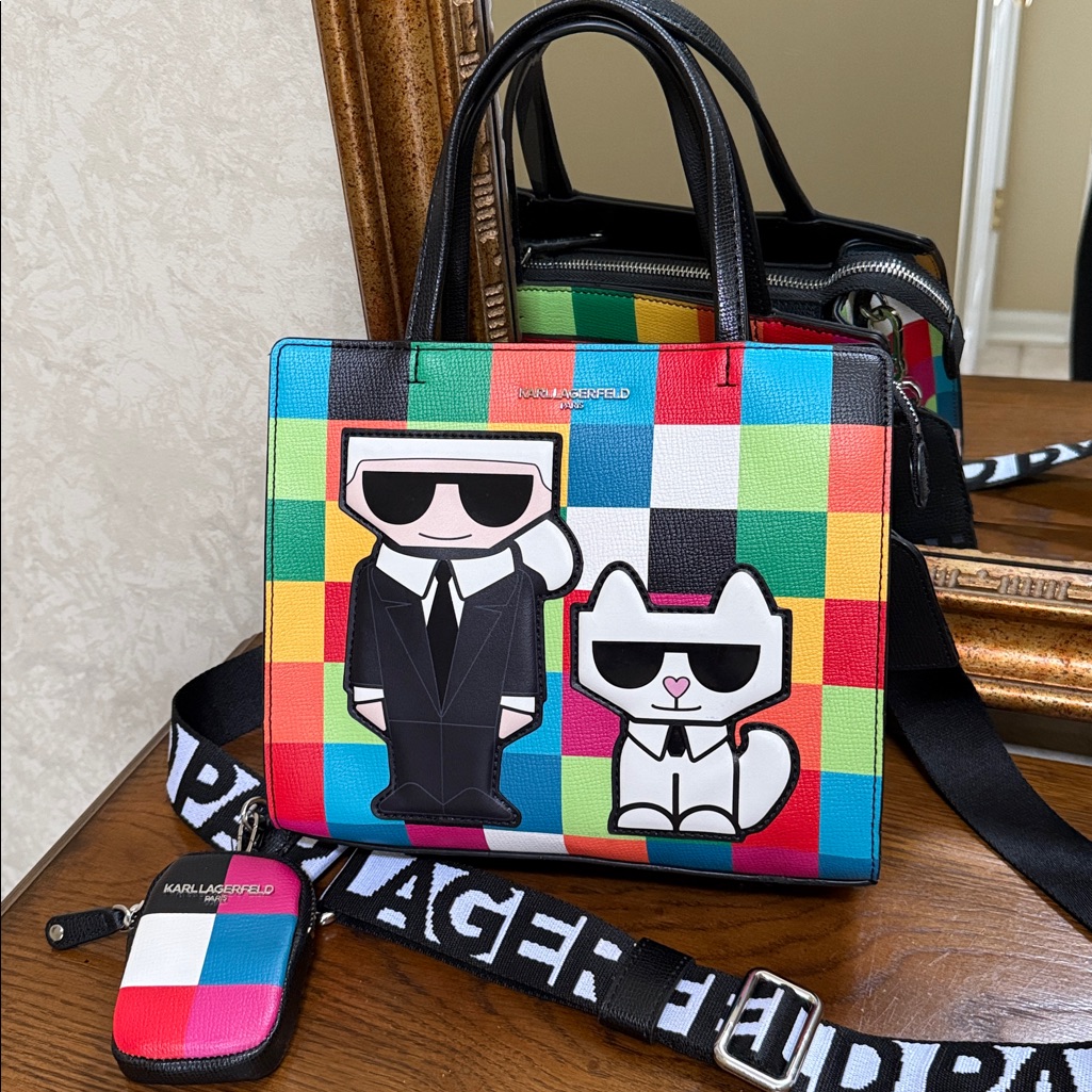 Karl Lagerfeld Colorful Checkered Tote/Crossbody With Iconic Characters. Zip.